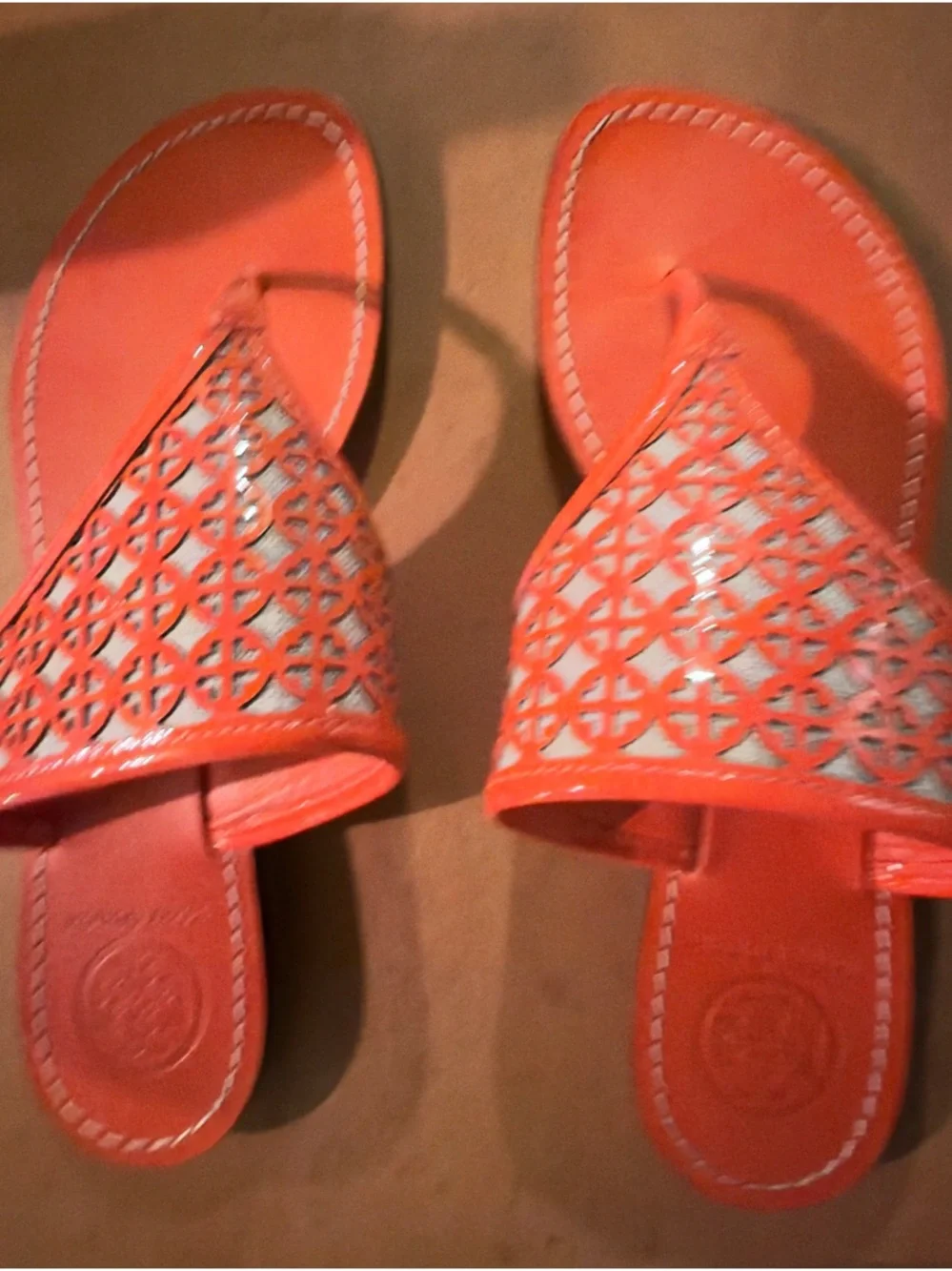 Tory Burch Coral Orange Laser-Cut Slide Sandals